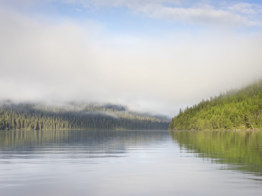 Misty calm lake at dawn surrounded by forested hills