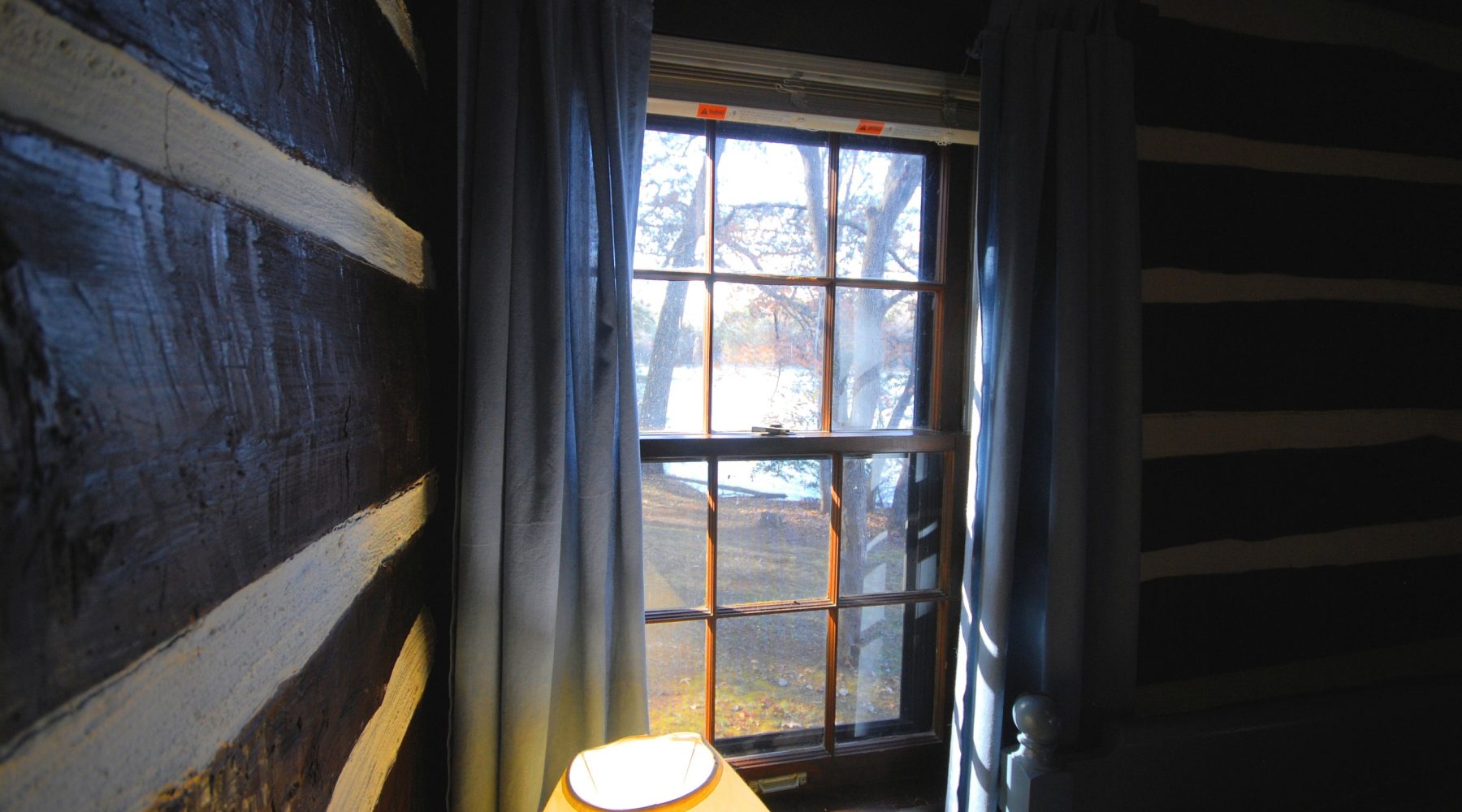 A cabin window looking out onto trees and water