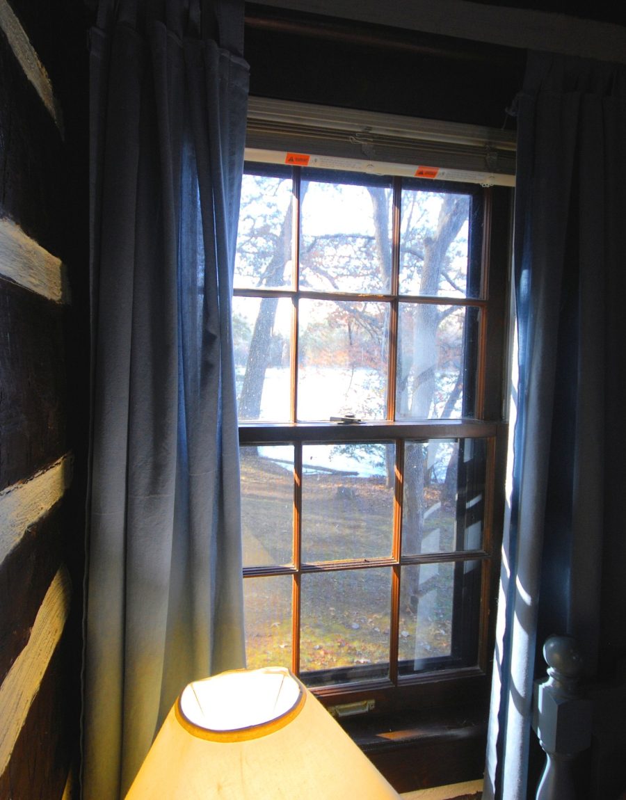 A cabin window looking out onto trees and water