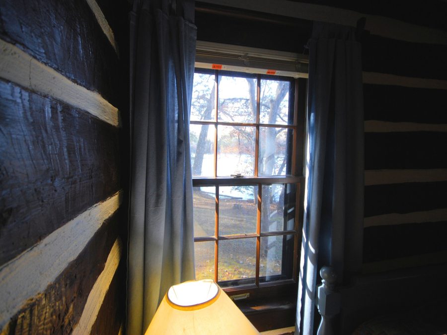 A cabin window looking out onto trees and water
