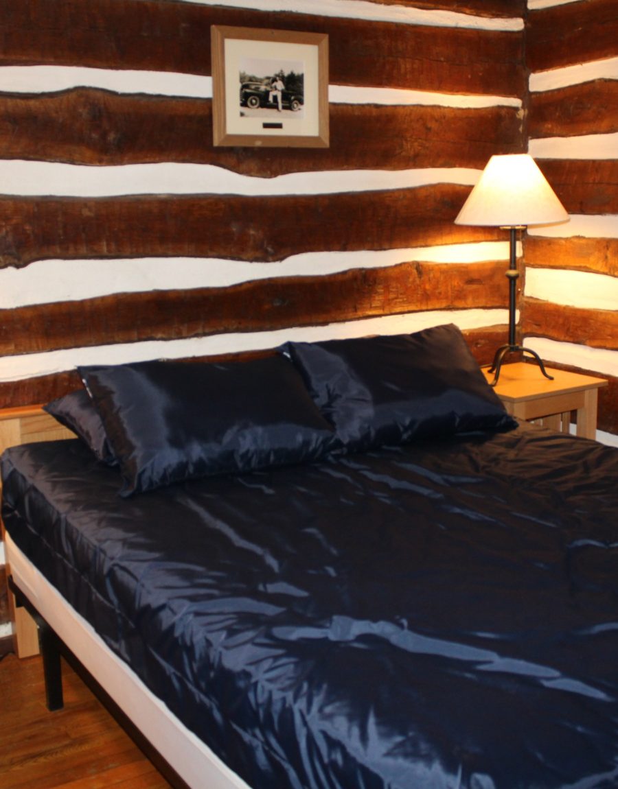 Cozy log cabin bedroom interior with a queen bed